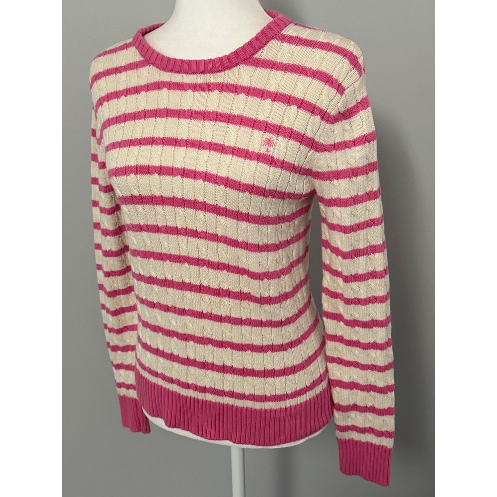 Lilly Pulitzer Women's Medium Striped‎ Cable Knit Pink Ivory Cotton Sweater - Picture 7 of 9